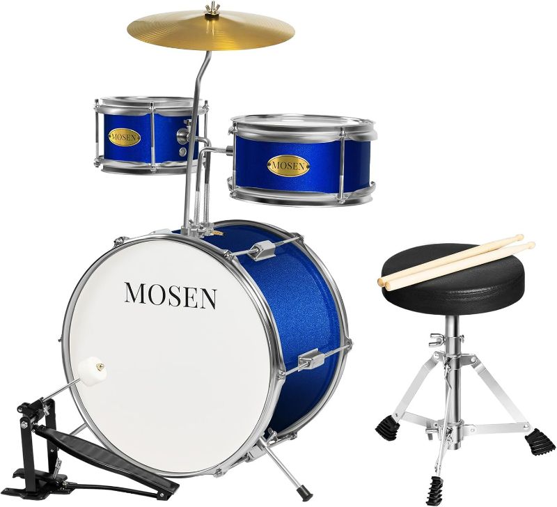 Photo 1 of Drum Set 3-Piece Beginner Drum Set Junior Drum Kit with Adjustable Throne, Cymbal, Pedal & Drumsticks Drums with Bass Tom Snare Drum - Blue