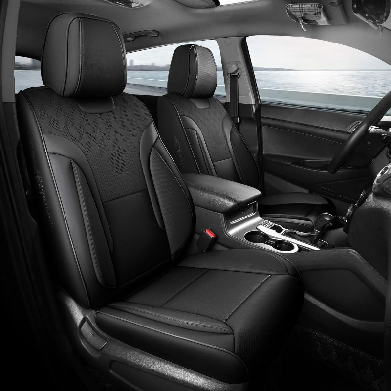 Photo 1 of Black Car Seat Covers Full Set - Breathable Faux Leather Universal 5 Seat Covers for Cars, Automotive Protector Fit for Most Sedan SUV Pick-up Truck