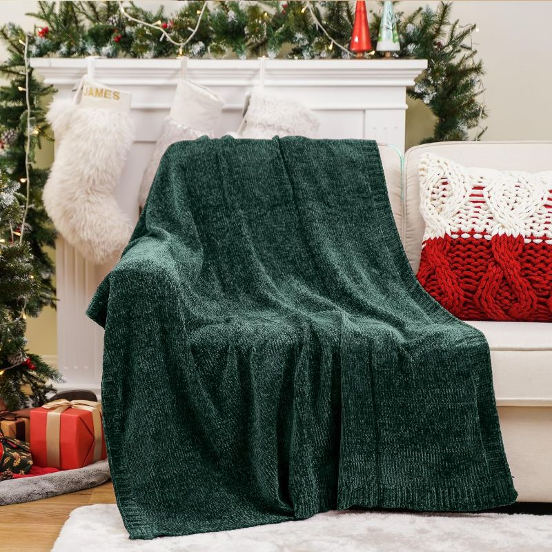 View 1 of Christmas Green Throw Blanket for Couch, Chenille Knitted Blanket for Home Decor, Super Soft Warm Blanket for Bed Sofa Living Room, 51"x67"
