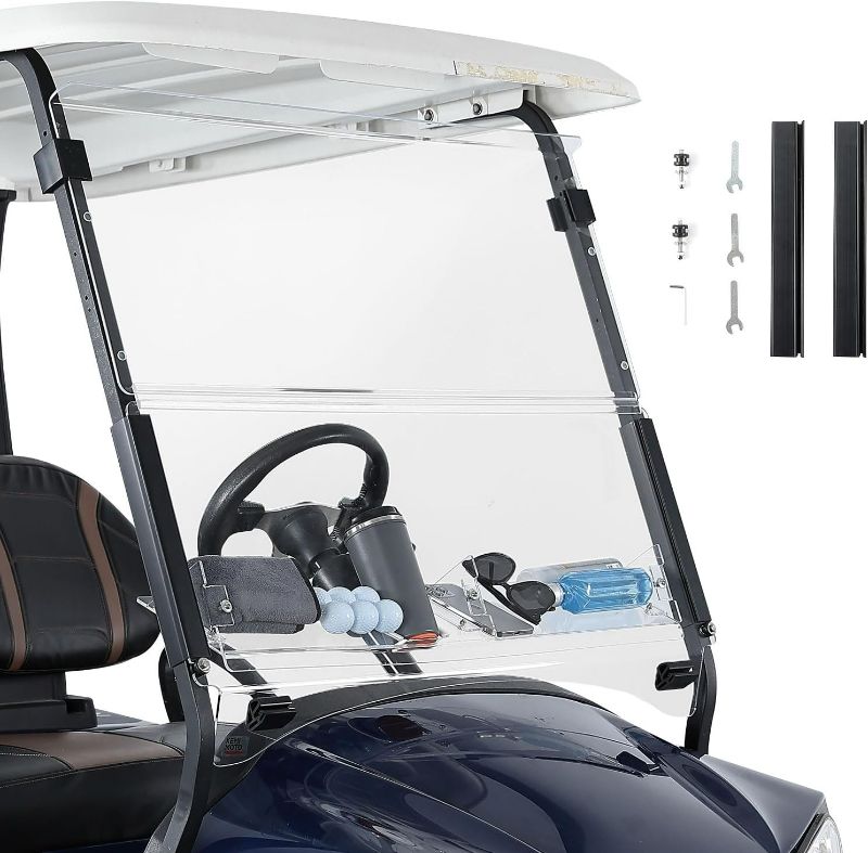 Photo 1 of Golf Cart Windshield with Storage Basket Compatible with Club Car Precedent Gas/Electric (2004-Up), Foldable Replacement Front Windshield, Anti-UV and Impact Resistant, Patented Design