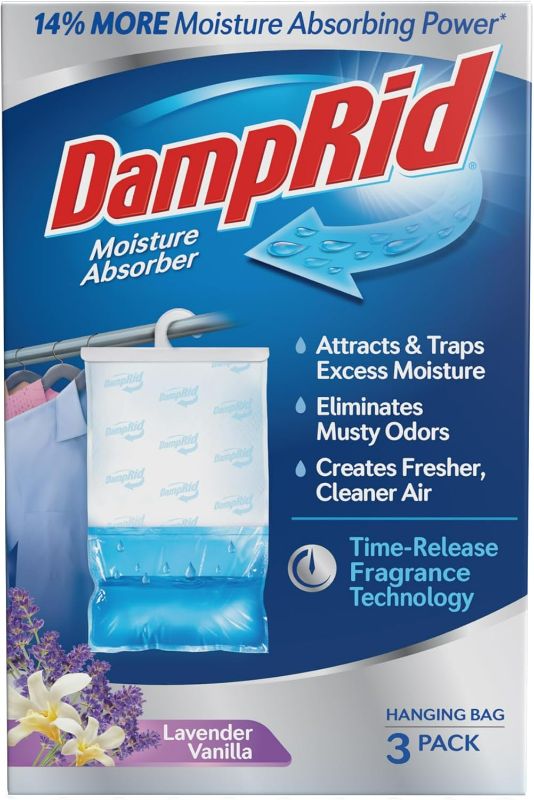 Photo 1 of DampRid Lavender Vanilla Hanging Moisture Absorber, 16 oz., 3 Pack - Eliminates Musty Odors for Fresher, Cleaner Air, Ideal Moisture Absorbers for Closet, Blue, Small