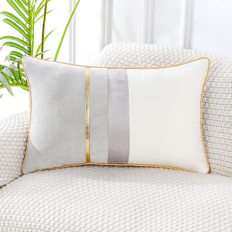 Photo 1 of Patchwork Light Grey Silk-Like Velvet Throw Pillow Cover with Gold Striped Leather Cushion Case Modern Luxury Lumbar Pillowcase for Sofa Couch Bedroom Living Room Home,12x20 inch