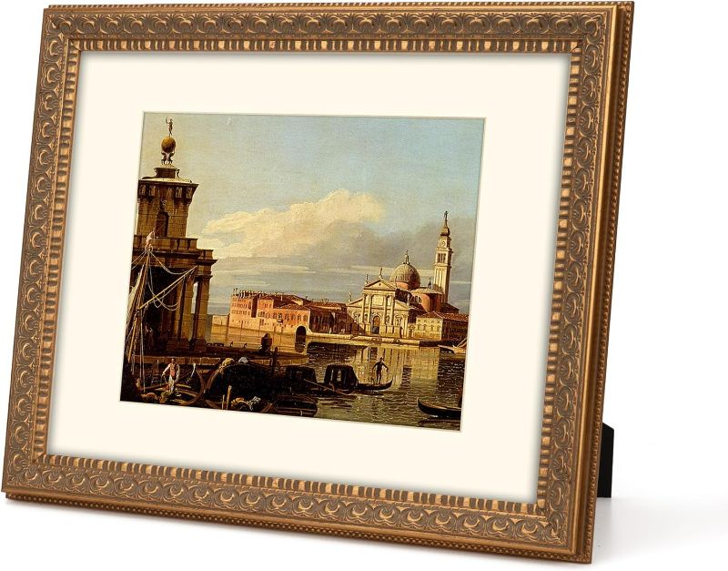 Photo 1 of 11x14 Antique Gold Ornate Vintage Classic Picture Frame, With Mat 8x10 inches, Real Glass Protection, Horizontal or Vertical Display
