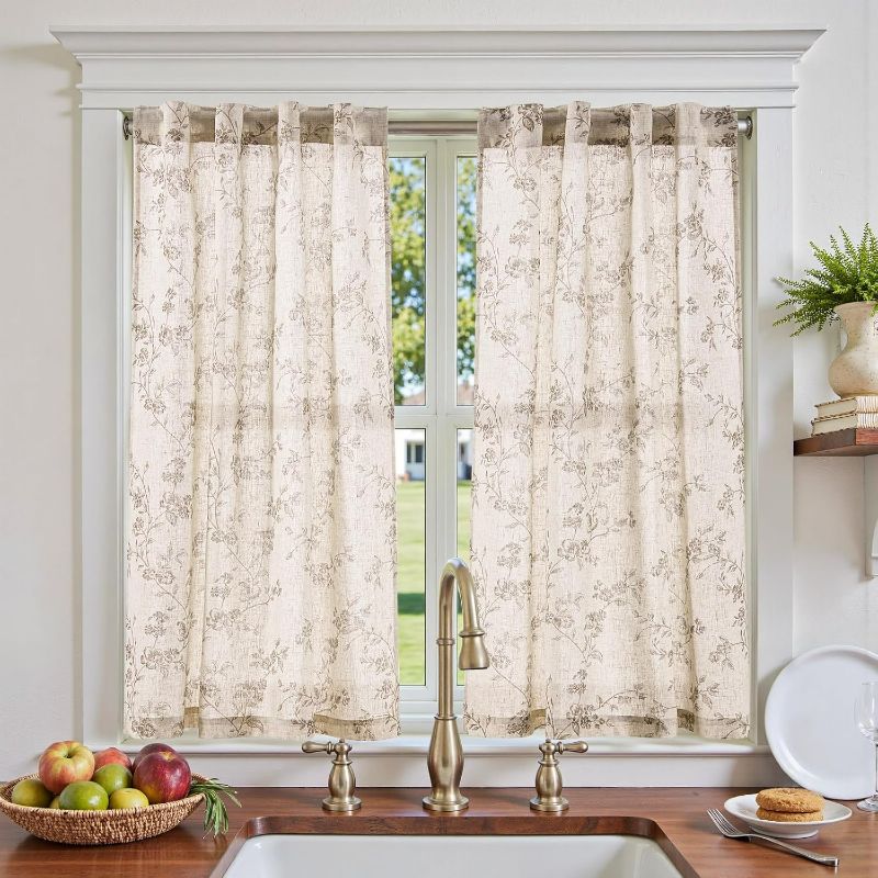 Photo 1 of Floral Kitchen Curtains 45 Inch Linen Tier Curtains Farmhouse Cafe Half Window Drapes for Small Windows Light Filtering Taupe on Beige for Living Room Bathroom Back Tab 2 Panels