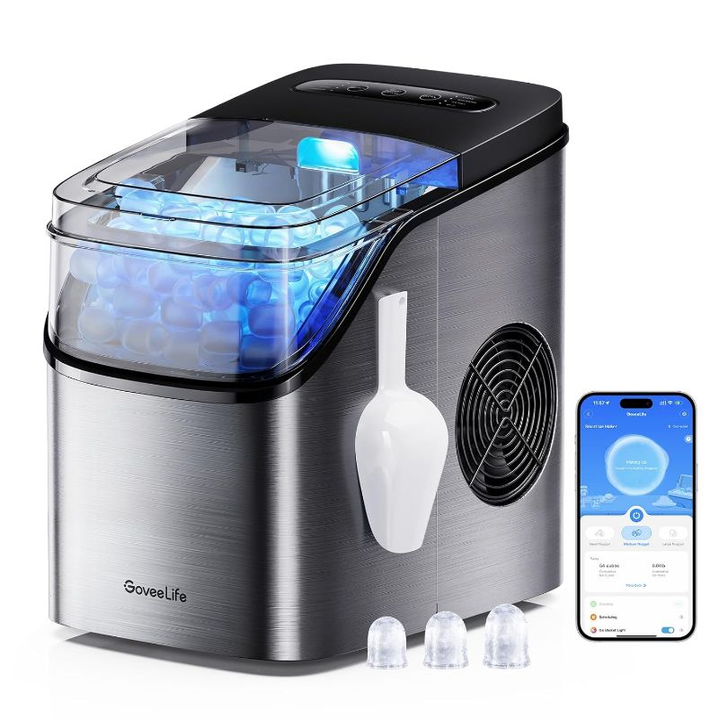 Photo 1 of GoveeLife Smart Ice Maker Countertop, Portable Ice Machine with Voice Control, 9 Ice Cubes in 6 Minutes 3 Sizes, 26lbs/24Hrs, Self Cleaning RGB Lights, Quiet Ice Maker with Scoop for Kitchen Silver