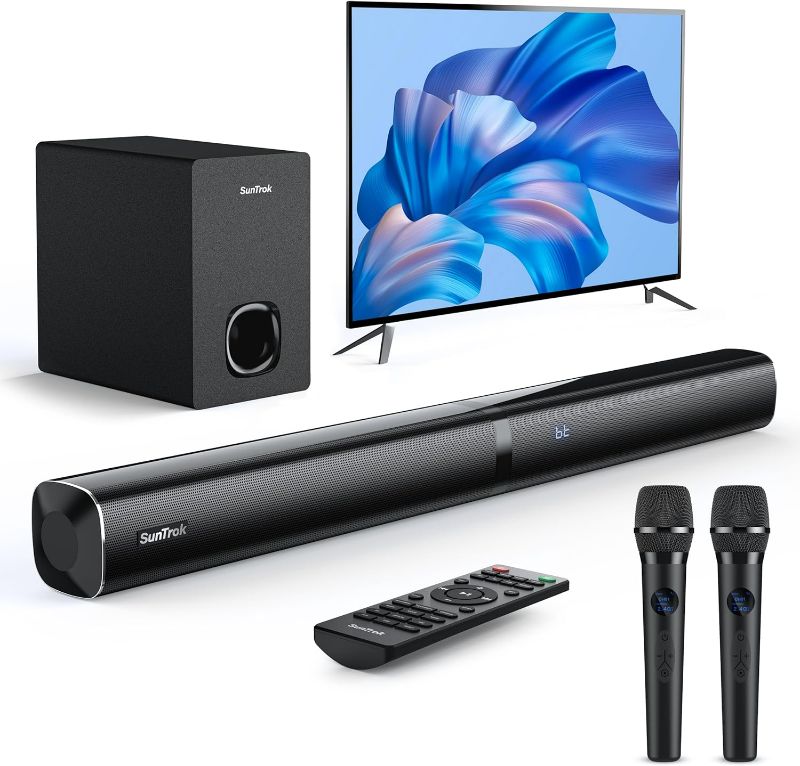 Photo 1 of Karaoke Soundbar with Subwoofer for TV: Sound Bar with 2 Wireless Microphones - Home Theater Surround Sound System - Bluetooth Speaker with Remote Supports HDMI ARC/Optical/AUX/USB for TV/PC