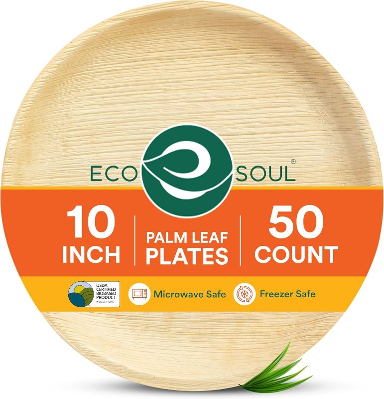 Photo 1 of ECO SOUL Palm Leaf Disposable Bamboo Plates 10" Round Compostable & Biodegradable Party Plates for Christmas Dinner, Weddings, Parties & Events 50 Count