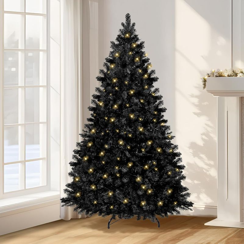 Photo 1 of Annecy 6ft Pre-Lit Christmas Tree, Black Artificial Full Spruce Christmas Tree for Home, Office, Party Decoration w/ 970 Branch Tips, 250 Warm White & Multi-Color Lights, Metal Hinges & Base,Black 6ft