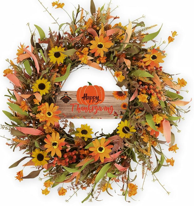 Photo 1 of Fall Wreaths for Front Door 22 Inch Artificial Fall Wreath Floral Autumn Wreath for Outside Door Harvest Thanksgiving Day Celebration