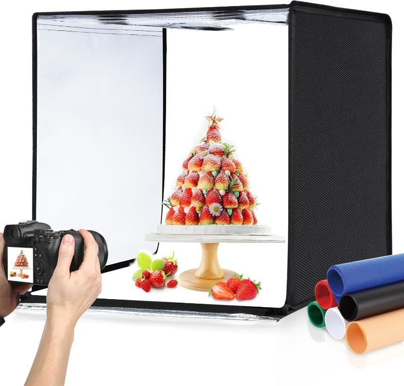 Photo 1 of Light Box Photography, 24x24 inch Large Photo Studio Light Box, Professional Dimmable Photo Booth with 120 LED Lights & 6 Backdrops for Jewelry and Food Items Product Photography