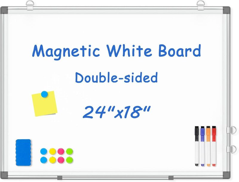 View 1 of Double-Sided White Board, 24" x 18" Dry Erase Board Magnetic Whiteboard for Wall, Hanging Mounted Whiteboard Silver Aluminium Frame for Home, School, Office, Kitchen