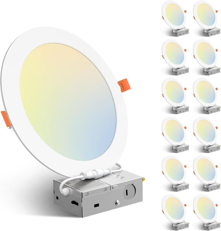 Photo 1 of 12 Pack 8 Inch 5CCT Ultra-Thin LED Recessed Ceiling Light with Junction Box, 2700K/3000K/3500K/4000K/5000K Selectable, 18W Eqv 125W, Dimmable Canless Wafer Downlight, 1600LM High Brightness -ETL