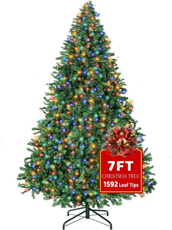 Photo 1 of 7FT Christmas Tree with Lights,Artificial Christmas Tree with 500 LED Lights and 1592 Branch Tips,Xmas Tree with Foldable Stand Perfect for Indoor&Outdoor,Christmas Decoration for Party