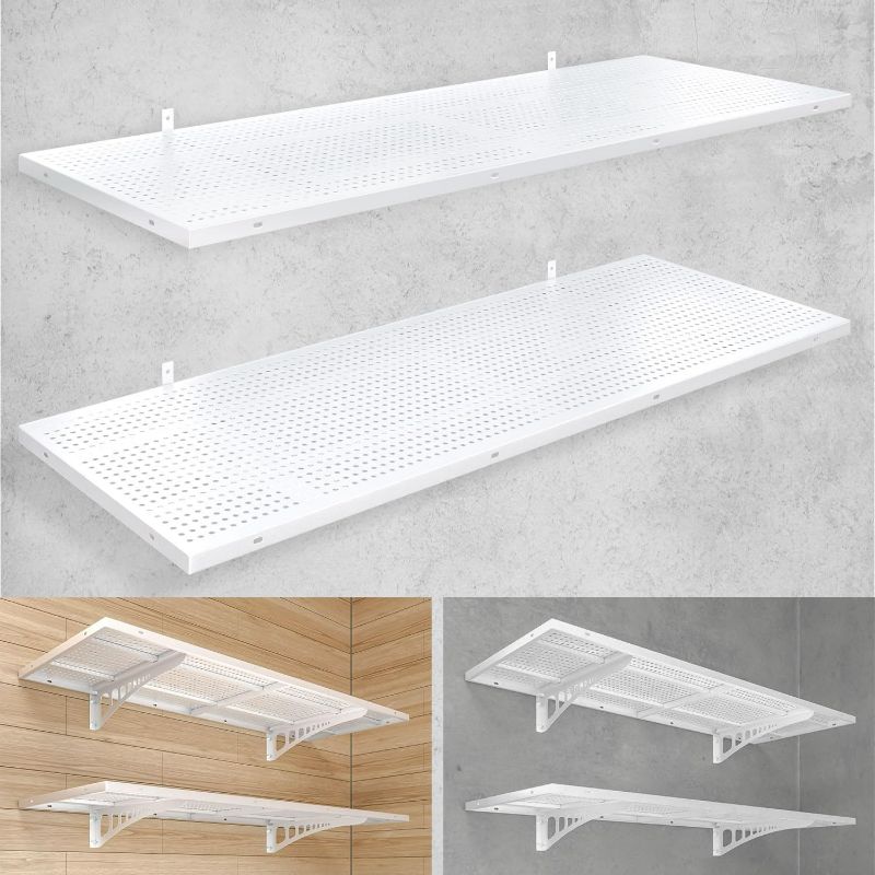 View 1 of 2-Pack 1.5x4ft Heavy Duty Garage Wall Shelving, 500 lbs Load Capacity, Garage Shelving Wall Mounted, Storage Rack with Hooks, White