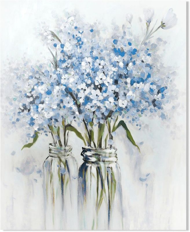 View 1 of Abstract Bouquet Canvas Wall Art: Blue Flower in Vase Artwork Hand Painted Oil Painting for Teen Girl Bedroom Floral Picture Poster for Living Room Decor 24" x 30"