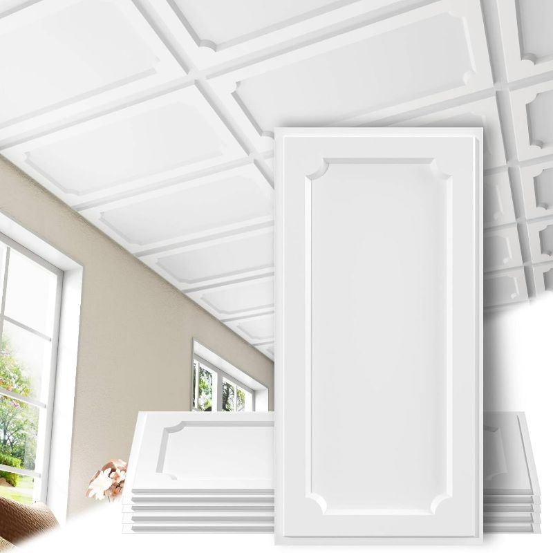 Photo 1 of 24 PCS 2 x 4FT Drop Ceiling Tiles, PVC White Ceiling Panels Waterproof Washable Fire-Rated Reusable Prevent Breakage Ideal for Living Room Bedroom Office Commercial Spaces Cover 192 Sq.Ft