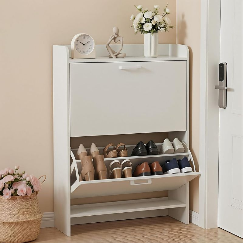 Photo 1 of Shoe Cabinet with 2 Flip Drawers, Slim Wooden Shoe Storage Organizer for Entryway, Hallway & Living Room, Space-Saving Hidden Shoe Rack with Adjustable Shelves, Modern Entryway Furniture *Stock image is not exact same as product*