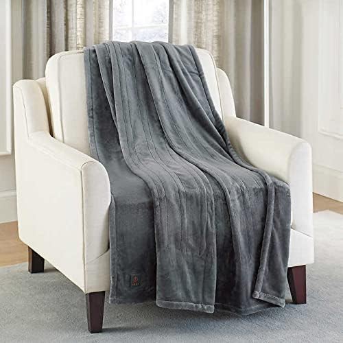 Photo 1 of Brookstone Ultra Soft Plush Electric Heated Throw 4-Heat Settings Built-in Remote, Machine Washable, Grey/White Design (Charcoal)
