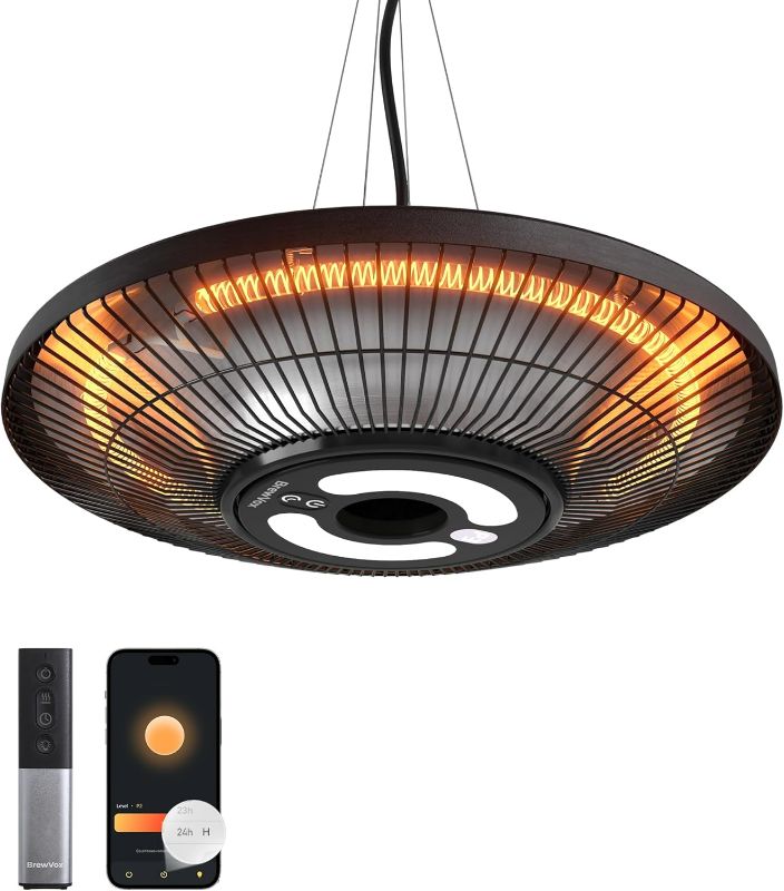 Photo 1 of 1500W Carbon Infrared Outdoor Patio Hanging Heater with LED Night Light, Instant Warmth, Smart App-Controlled Remote On/Off, 24H Timer for Living Room, Bedroom, Garage