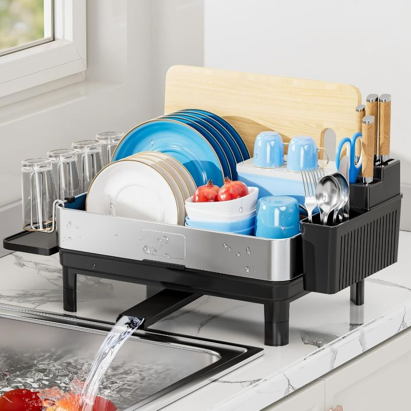 Photo 1 of Dish Drying Rack, 304 Stainless Steel Dish Racks for Kitchen Counter, Dish Drainers with Automatic Drainage, Utensil Holder & Cups Holder, Space Saving Kitchen Organizer, Black
