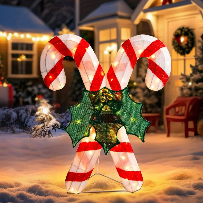 Photo 1 of Lighted Christmas Candy Cane Decoration Outdoor Pre-lit 3D Crossed Candy Cane Glittered with LEDs Lighted Up Standing Ornament Outdoor Indoor Christmas Decoration for Home Lawn Yard Garden Display