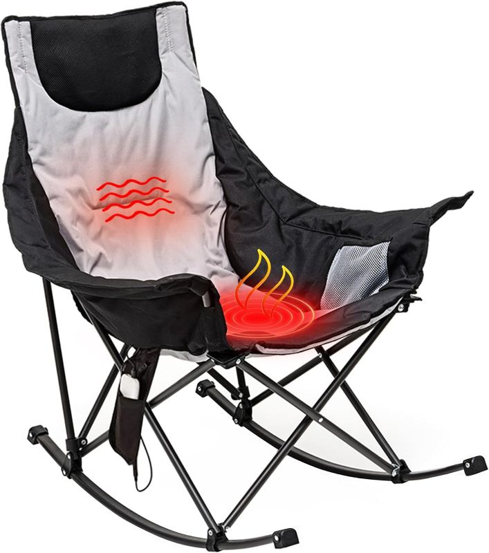 Photo 1 of Oversized Heated Camping Chair, Folding Rocking Camping Chairs with Luxury Padded Recliner,Carry Bag, 300 LBS Heavy Duty for Lawn/Outdoor/Picnic/Patio, Portable Rocker Camp Chair