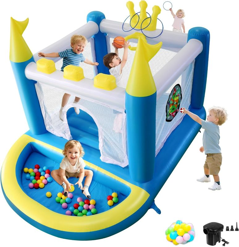 Photo 1 of Mini Inflatable Bounce House with Ball Pit, 5 in 1 PVC Kids Bouncy Castle with Electric Air Pump, Small Crown Jump House for Kids Ages 3-8, Toddlers Playhouse Bouncer, Indoor/Outdoor