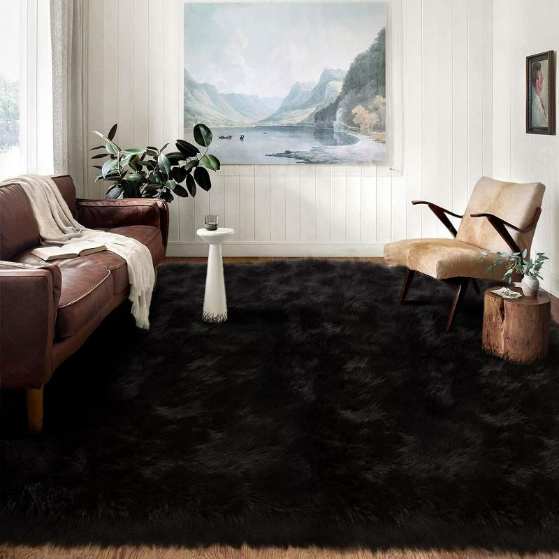 Photo 1 of 10x14 Area Rugs for Living Room Black Fur Faux Sheepskin Rug Large Fuzzy Rugs Shaggy Fluffy Rug for Bedroom Sofa Office Entertainment Room, Rectangle