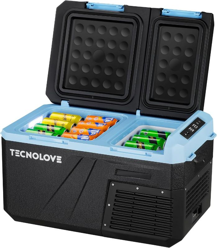 Photo 1 of 25L Car Refrigerator Freezer, 27QT Dual Zone Portable Compressor Cooler with Reversible Door, 100–240V AC / 12V / 24V DC Powered, Touchscreen Control, LED Light, -4 to 68, Ice Blue