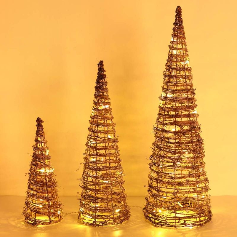 View 1 of Christmas Cone Trees, Set of 3 Christmas Tree with Lights and Winding Rattan Vine(24"/18"/12"), Battery Powered Decorative Cone Christmas Tree Cone Light for Home Holiday Xmas Décor, Natural