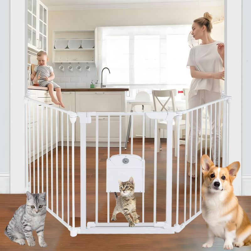 Photo 1 of 81.11" Extra Wide Baby Gate with Cat Door, Auto Close Pet Gates Dog Gate, Hardware Mounted Walk Through Swing Safety Baby Gates for Stairs, Doorways, Kitchen, House, 30" Tall, 3 Panels