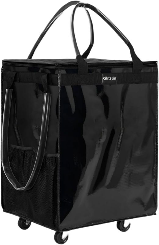 Photo 1 of (Medium, Black) Reusable Grocery Bag on 4 Wheels, Foldable Rolling Tote Carries Up to 66lb Shopping Trolley, Rolling Bag with 3 Handles, Zipper Clouser Rolling Tote Bag with Wheels for Laundry