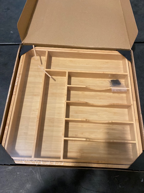 Photo 1 of Extra Large Expandable Kitchen Siverware Utensils Drawer Organizer, 19" Deep for Big Drawer, Adjustable Bamboo Wood Drawer Divider with Curved Grooves, Cutlery Tray Flatware Holder