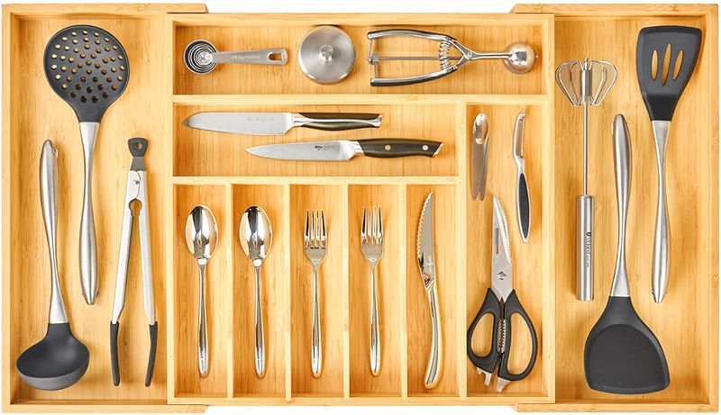 Photo 1 of Extra Large Expandable Kitchen Siverware Utensils Drawer Organizer, 19" Deep for Big Drawer, Adjustable Bamboo Wood Drawer Divider with Curved Grooves, Cutlery Tray Flatware Holder