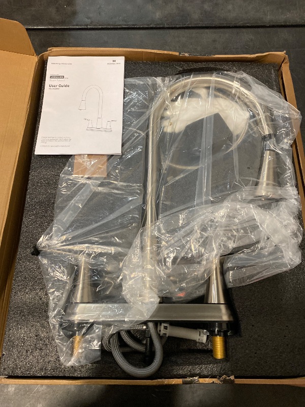 Photo 1 of 2 Handles Kitchen Faucet with Pull Down Sprayer for 3 Hole Sink, 8 inch 360° Rotating Spout Centerset Kitchen Sink Faucet with Water Lines Brushed Nickel