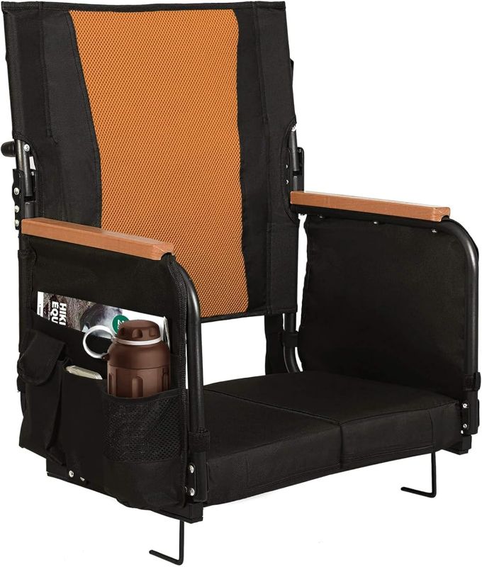 Photo 1 of Extra Wide Stadium Seats with Back Support, Bleacher Chairs with High Back and Cushion, Padded Portable Fording Bleacher Seat with Armrests, Cup Holder and Storage Pockets (Orange)