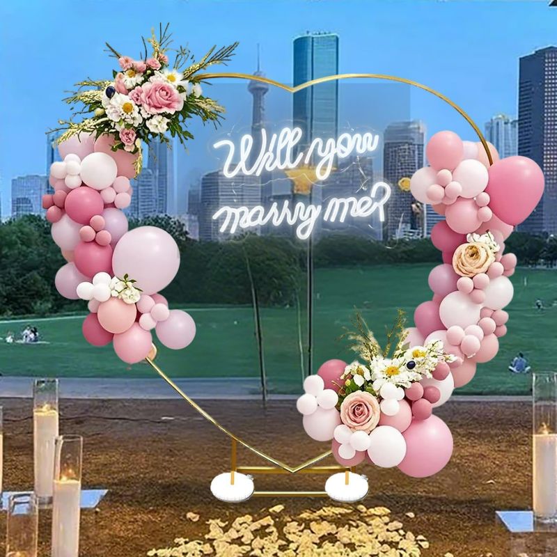 Photo 1 of Heart-Shaped Gold Wedding Arch with Stand/Will You Marry Me,6.6 * 6.6ft Wedding Arch with Base&2 Water Bags and LED Sign,Metal Ceremony Backdrop Stand for Outdoor/Indoor Weddings,Birthday,Decoration