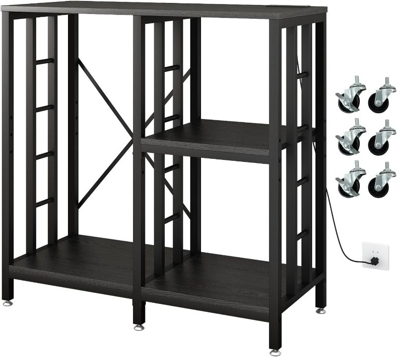 Photo 1 of Adjustable Kitchen Bakers Rack with Power Outlet,4-Tier Microwave Stand Kitchen Cart,Mini Fridge Stand with Storage,Bar Cabinet,Suitable for Office,Coffee Bar,Living Room,Patio, Black