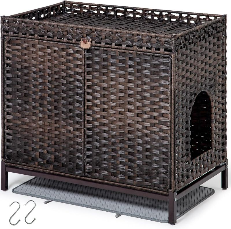 Photo 1 of Cat Litter Box Enclosure Furniture, Hidden Handwoven Rattan Litter Box with Mat, Large Cat House with Metal Heightened Feet, 30.3 x 18.3 x 28 Inches, Indoor for Living Room, Bedroom Brown
