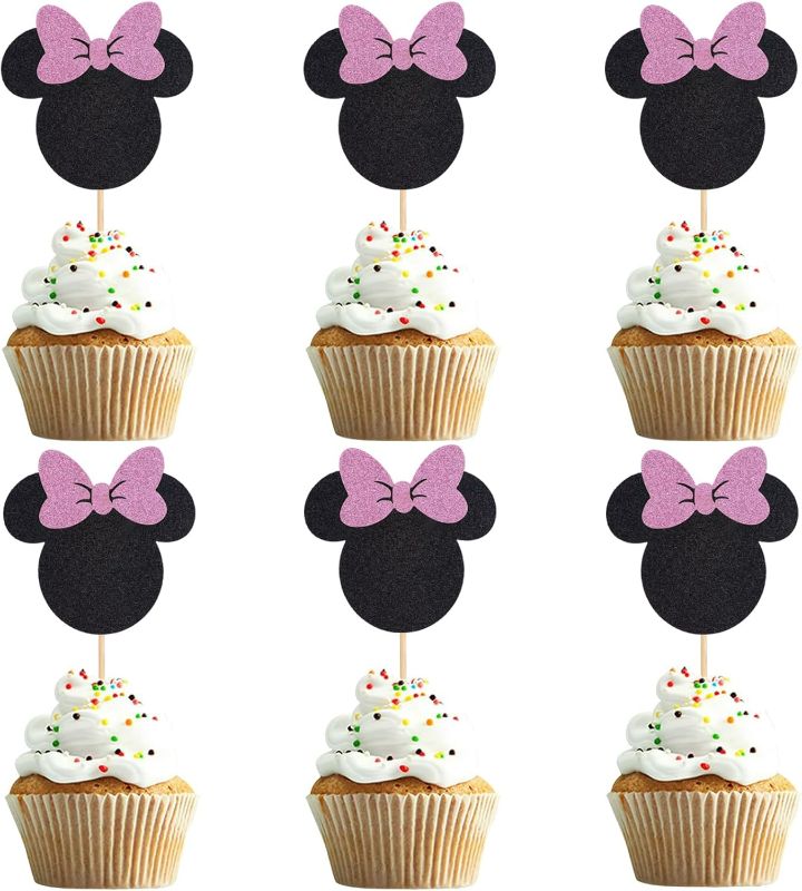 Photo 1 of 24Pcs Mouse Inspired Cupcake Toppers with Bow Glitter Mouse Cupcake Picks Baby Shower Wedding Kids Birthday Party Cake Decorations Supplies