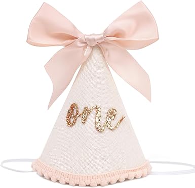 Photo 1 of 1st Birthday Hats, Glitter Number First Birthday Hat with Pink Bow for Baby Girl, Boho Infant Cone Cap for 1 Year Old Photoshoot & Celebration