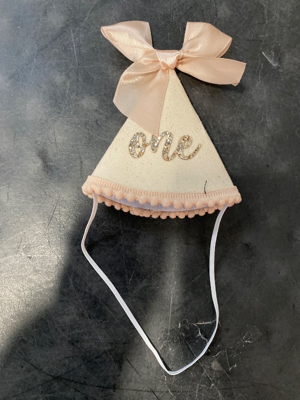 Photo 1 of 1st Birthday Hats, Glitter Number First Birthday Hat with Pink Bow for Baby Girl, Boho Infant Cone Cap for 1 Year Old Photoshoot & Celebration