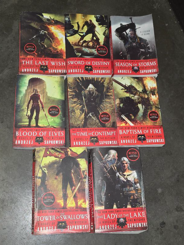 Photo 1 of The Witcher Boxed Set: The Last Wish, Sword of Destiny, Blood of Elves, Time of Contempt, Baptism of Fire, The Tower of The Swallow, The Lady of the Lake, Season of Storms Paperback