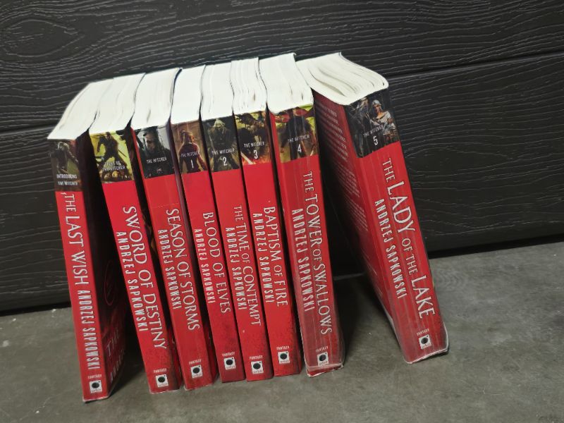 Photo 1 of The Witcher Boxed Set: The Last Wish, Sword of Destiny, Blood of Elves, Time of Contempt, Baptism of Fire, The Tower of The Swallow, The Lady of the Lake, Season of Storms Paperback