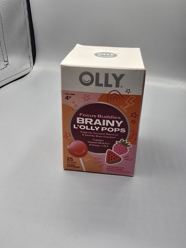 Photo 1 of OLLY Focus Buddies L’OLLY Pops, Cognizin, Vitamins B6 and B12, Omega-3 ALA, Supports Focused Attention and Healthy Brain Function,* Kids 4+ Dietary Supplement, Watermelon Strawberry Flavored, 25 Count