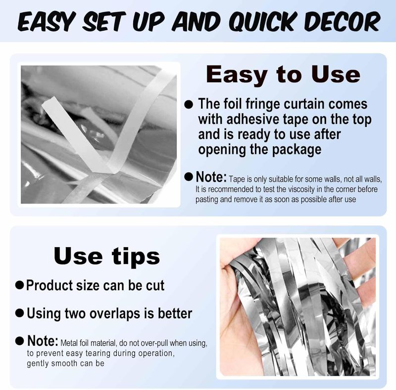 Photo 1 of 2PK Silver Foil Fringe Curtains Backdrop, 3.28 x 9.8 Ft Metallic Streamers Tinsel Curtains Background for Photo Booth, Birthday, Halloween, Christmas, Thanksgiving, New Year Party Decorations