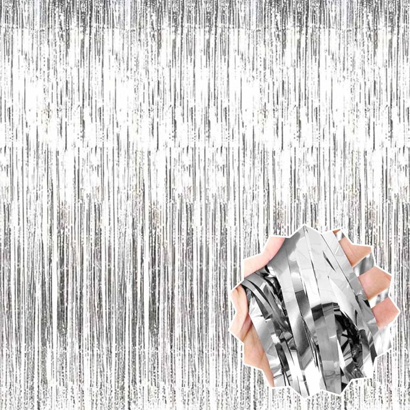Photo 1 of 2PK Silver Foil Fringe Curtains Backdrop, 3.28 x 9.8 Ft Metallic Streamers Tinsel Curtains Background for Photo Booth, Birthday, Halloween, Christmas, Thanksgiving, New Year Party Decorations
