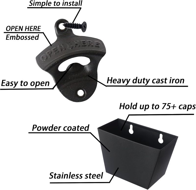 Photo 1 of Black Cast Iron Soda Or Beer Bottle Opener Wall Mounted with Cap Catcher , Durable, No Mess, Drain Holes, Cap Catcher is Stainless Steel - Opener is Cast Iron