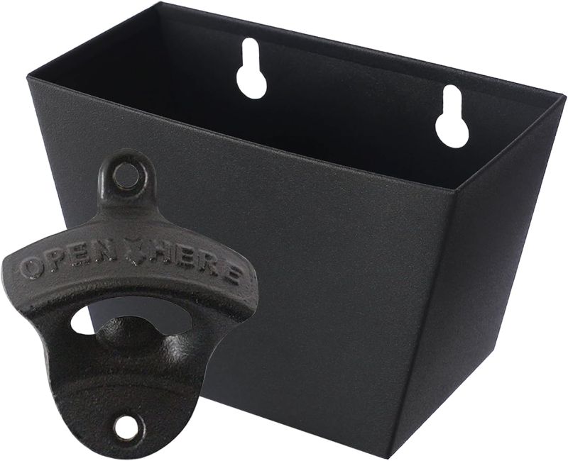 Photo 1 of Black Cast Iron Soda Or Beer Bottle Opener Wall Mounted with Cap Catcher , Durable, No Mess, Drain Holes, Cap Catcher is Stainless Steel - Opener is Cast Iron