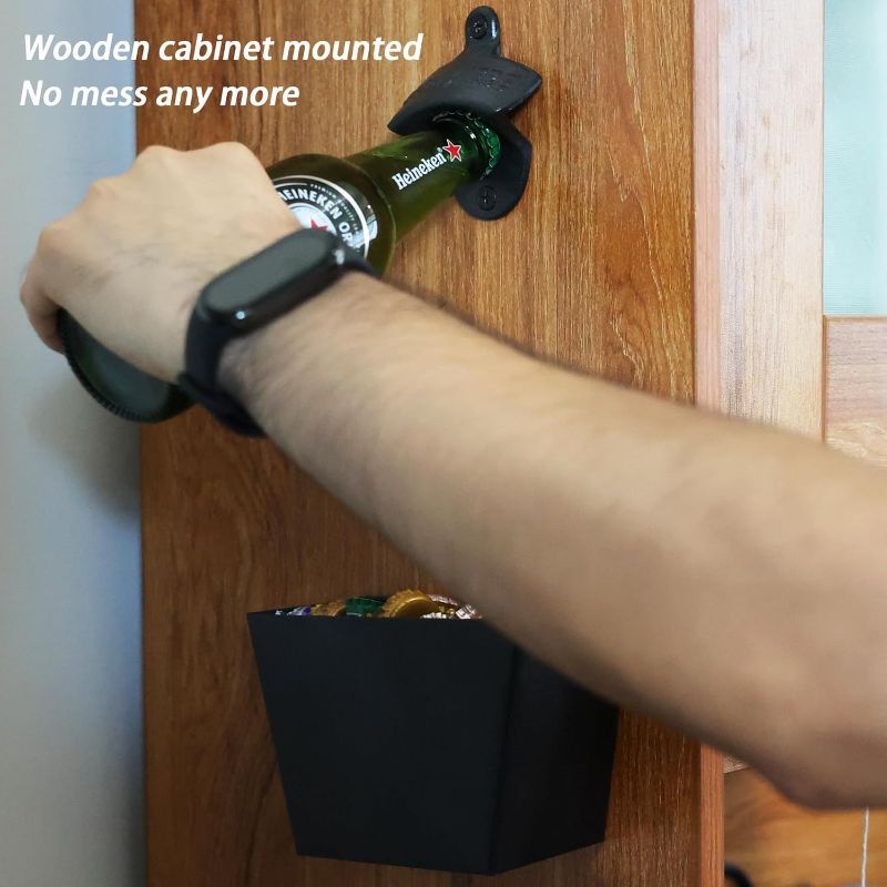 Photo 1 of Black Cast Iron Soda Or Beer Bottle Opener Wall Mounted with Cap Catcher , Durable, No Mess, Drain Holes, Cap Catcher is Stainless Steel - Opener is Cast Iron